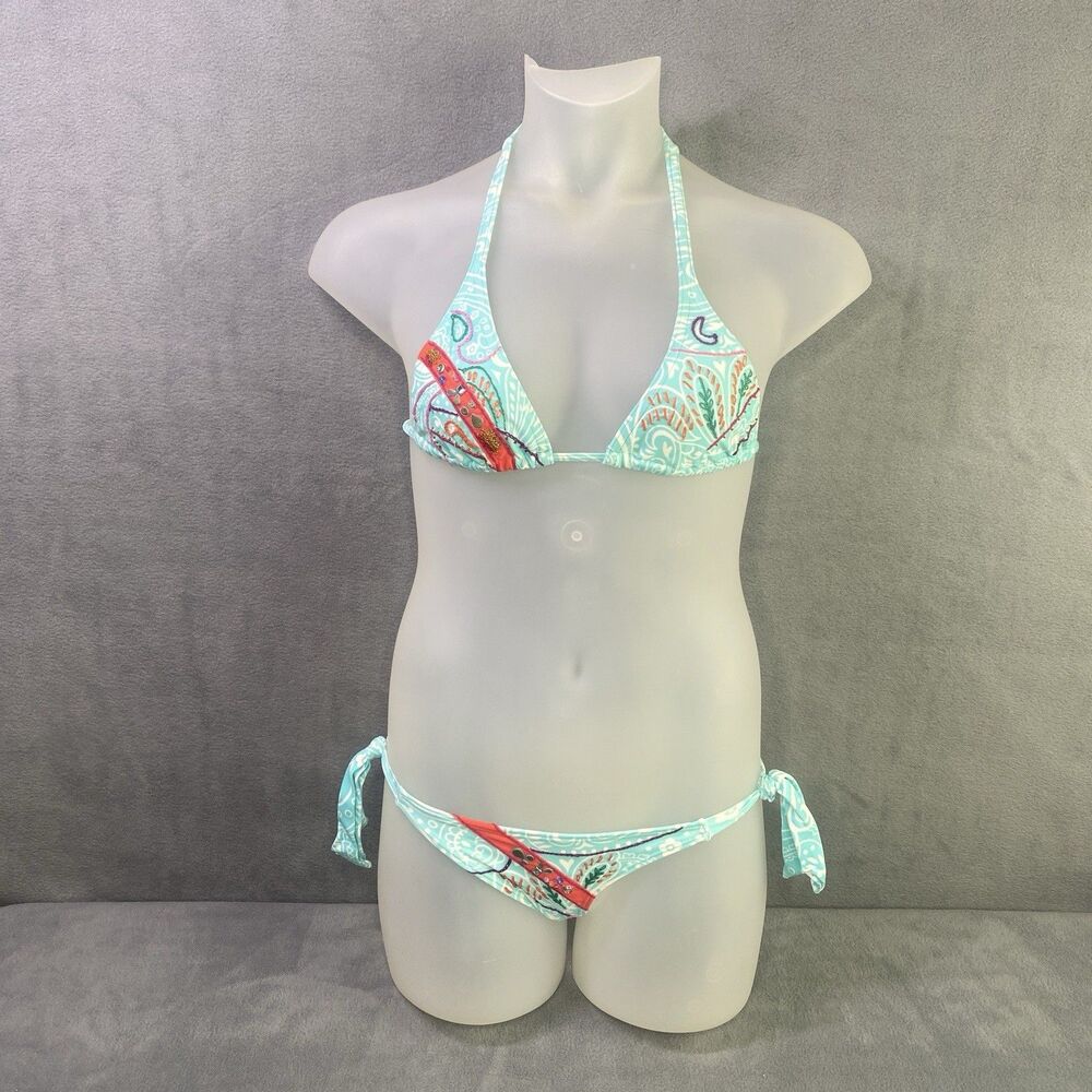 Cia Maritima  2-pc Bikini Size M Blue Bejeweled Hand Beaded Floral Brazilian